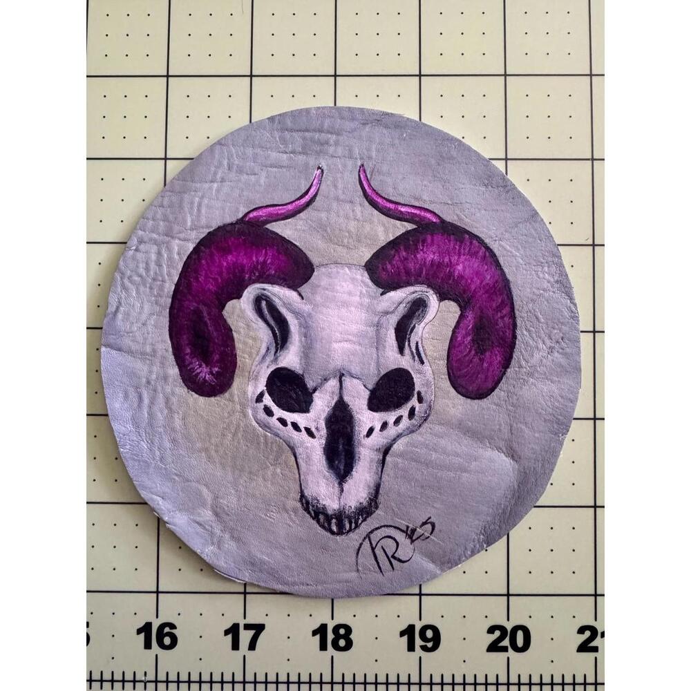 hand painted uv reactive ram‎ skull leather patch gothic occult one of one